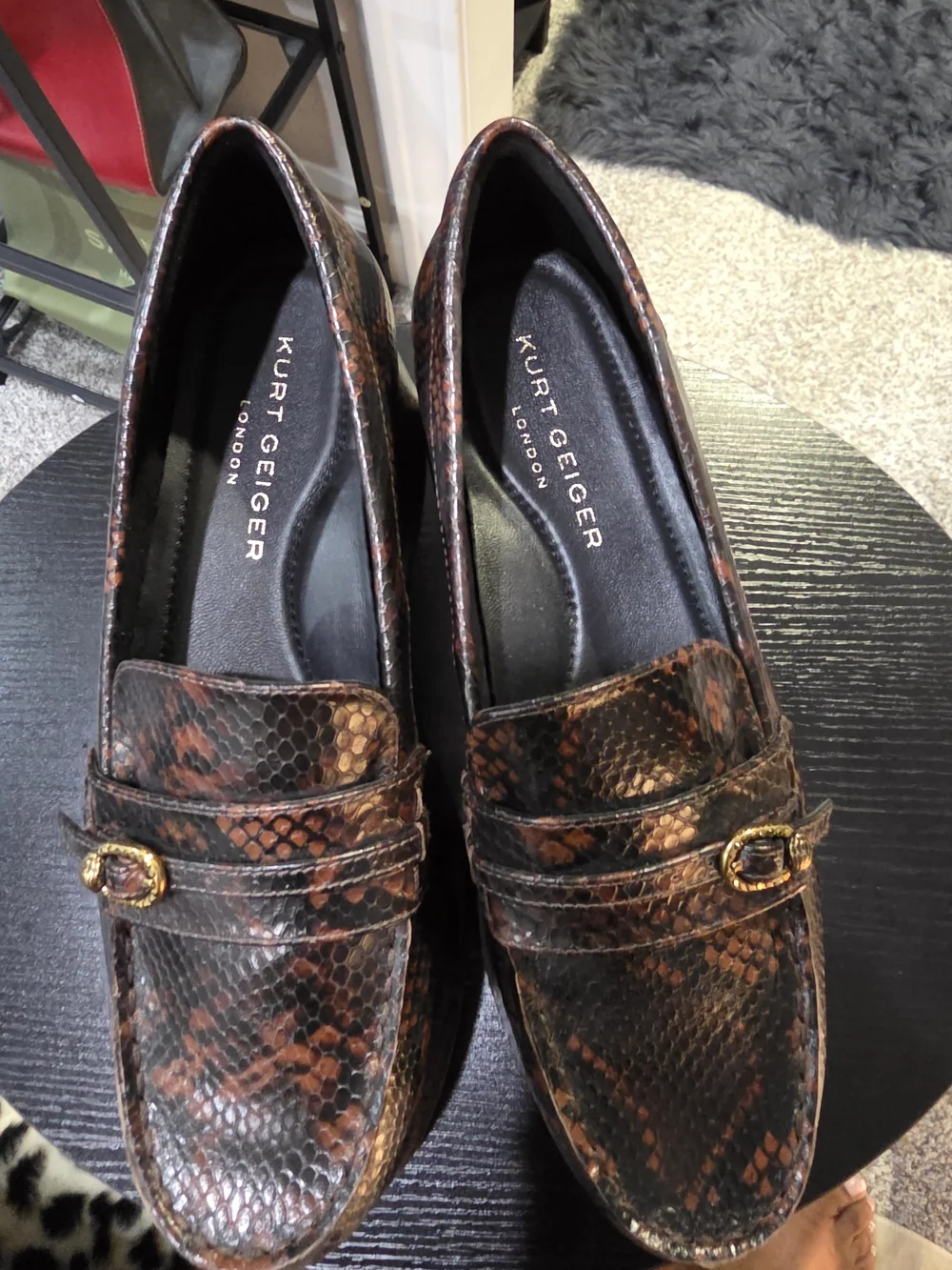 NWOT Kurt Geiger Mayfair Platform Womens Brown Snake-Embossed Leather Loafers